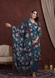 GREYISH BLUE FLORAL PRINT CREPE SUIT WITH EMBROIDERED V NECK