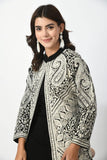 BLACK WOOLEN SHRUG WITH WHITE EMBROIDERY PAIRED WITH BLACK WOOLEN INNER AND TROUSER