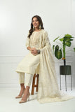 IVORY SELF EMBROIDERED COTTON KURTA WITH EMBROIDERED YOKE WITH PANT & DUPATTA