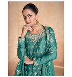 SEA GREEN CHINON FULLY EMBROIDERED FLARED SUIT WITH DIVIDER