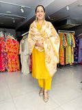 MUSTARD YELLOW PRINTED CHANDERI KURTA WITH PANT AND CHANDERI DUPATTA