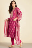 PINK HAND BLOCK PRINTED CHANDERI SUIT SET (WITH PANTS AND DUPATTA)