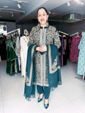 TEAL WOOLEN SHRUG WITH IVORY AND COPPER COlOUR EMBROIDERY WITH WOOLEN INNER AND TROUSER