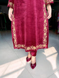 MAROON EMBROIDERED VELVET FIRAN WITH PANTS