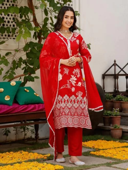 RED MUSLIN PRINTED KURTA WITH SCHIFFLI WORK PAIRED WITH TROUSER AND CHIFFON DUPATTA