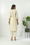 IVORY SELF EMBROIDERED COTTON KURTA WITH EMBROIDERED YOKE WITH PANT & DUPATTA