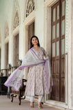 LAVENDER PRINTED COTTON FLARED ANGRAKHA PATTERN ANARKALI SUIT