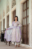 LAVENDER PRINTED COTTON FLARED ANGRAKHA PATTERN ANARKALI SUIT