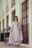 LAVENDER PRINTED COTTON FLARED ANGRAKHA PATTERN ANARKALI SUIT