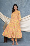 YELLOW COTTON FLORAL PRINTED ANARKALI SUIT