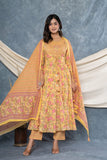 YELLOW COTTON FLORAL PRINTED ANARKALI SUIT