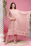 BEIGE PINK EMBROIDED KNITTED SUIT