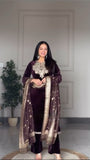 MULBERRY VELVET EMBROIDERED SUIT WITH BANARASI SILK DUPATTA