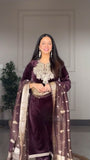 MULBERRY VELVET EMBROIDERED SUIT WITH BANARASI SILK DUPATTA