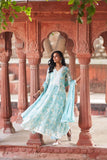 SKY BLUE PRINTED COTTON FLARED ANARKALI