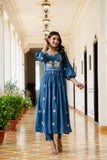 BLUE COTTON EMBROIDERED A LINE SET