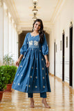 BLUE COTTON EMBROIDERED A LINE SET