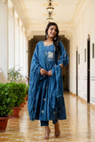 BLUE COTTON EMBROIDERED A LINE SET