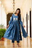 BLUE COTTON EMBROIDERED A LINE SET