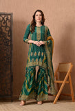 GREEN PRINTED DESIGNER FISH CUT MUSLIN SHARARA SUIT