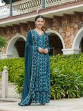 TEAL EMBROIDED CHINON ANARKALI SUIT WITH SHARARA