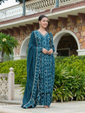 TEAL EMBROIDED CHINON ANARKALI SUIT WITH SHARARA