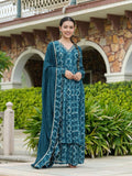 TEAL EMBROIDED CHINON ANARKALI SUIT WITH SHARARA