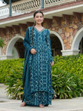 TEAL EMBROIDED CHINON ANARKALI SUIT WITH SHARARA