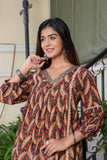 BROWN PRINTED COTTON SHORT KURTA ONLY