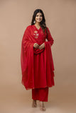 RED COTTON ANGRAKHA SUIT WITH EMBROIDERY ON YOKE