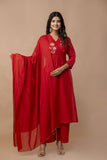 RED COTTON ANGRAKHA SUIT WITH EMBROIDERY ON YOKE