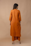 ORANGE COTTON ANGRAKHA PATTERN SUIT WITH EMBROIDERY ON YOKE