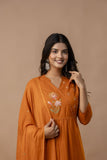 ORANGE COTTON ANGRAKHA PATTERN SUIT WITH EMBROIDERY ON YOKE