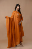 ORANGE COTTON ANGRAKHA PATTERN SUIT WITH EMBROIDERY ON YOKE