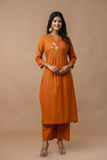 ORANGE COTTON ANGRAKHA PATTERN SUIT WITH EMBROIDERY ON YOKE