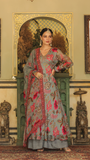 GREY PRINTED ORGANZA ANARKALI SET