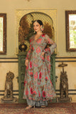 GREY PRINTED ORGANZA ANARKALI SET