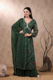 GREEN CHINON EMBROIDED BANDHANI PRINTED SUIT