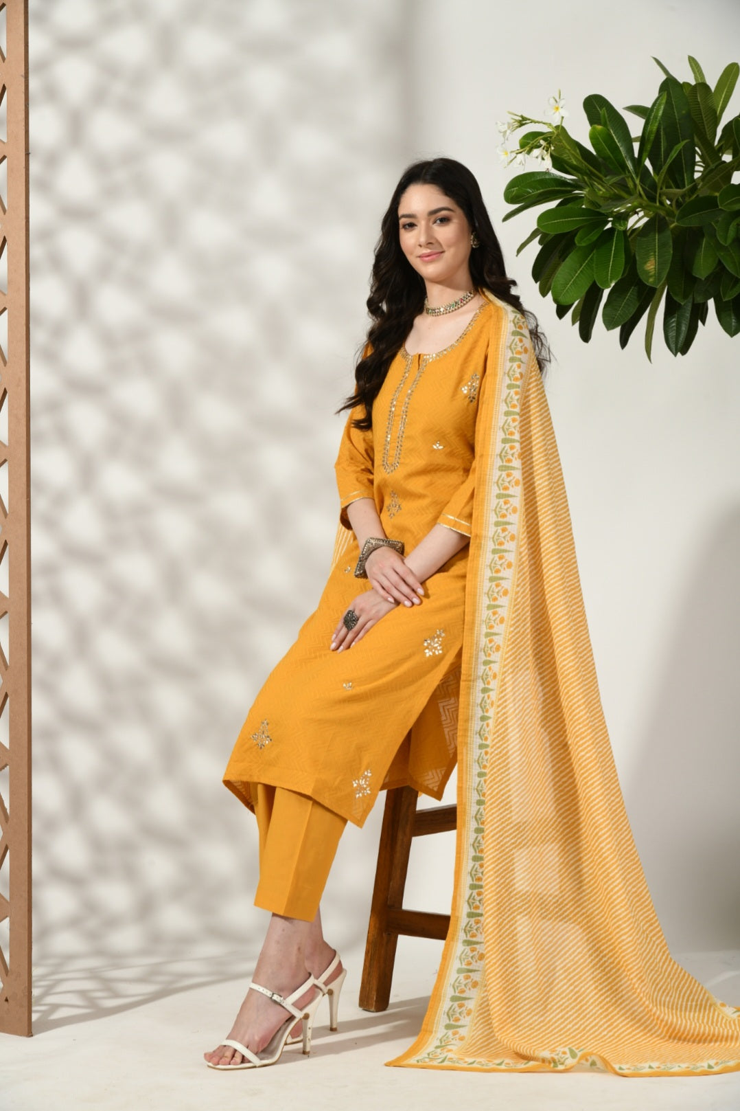 MUSTARD COTTON EMBROIDED SET