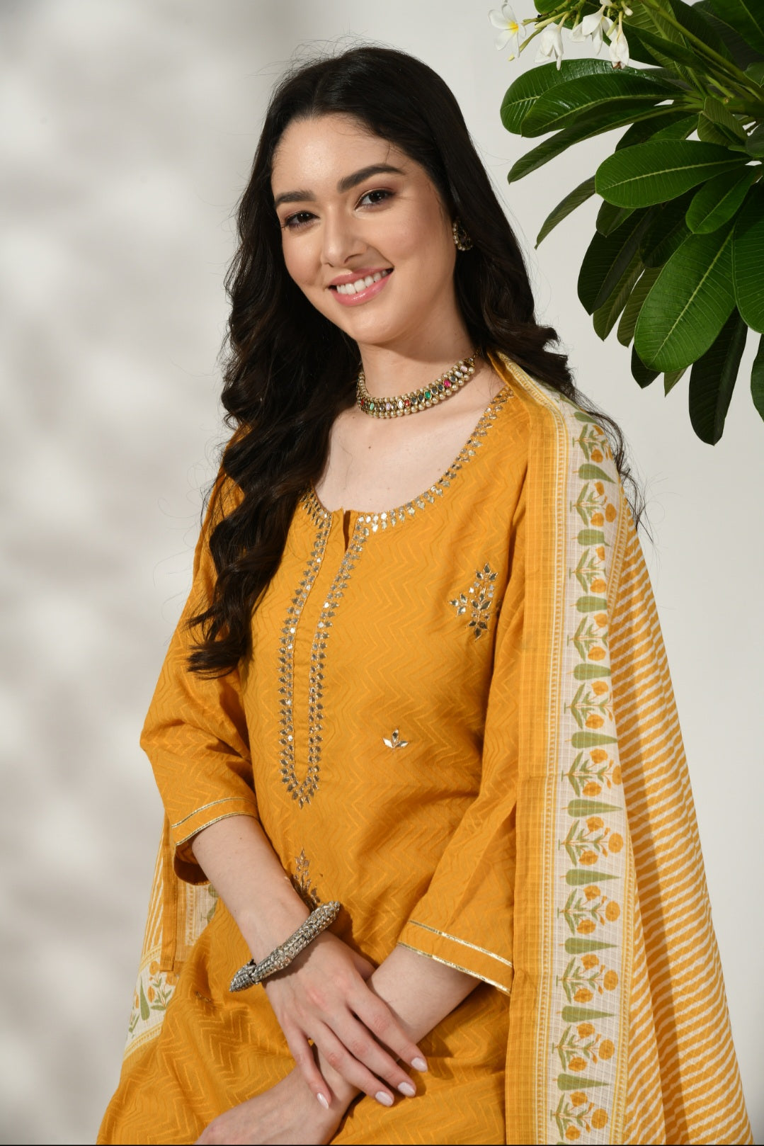 MUSTARD COTTON EMBROIDED SET