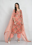 PEACH FLORAL PRINTED MUSLIN SILK KURTA WITH SILK TROUSER AND CHIFFON DUPATTA