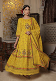 MUSTARD COTTON SCHIFFLI ANARKALI KURTA WITH HAND EMBROIDERY PAIRED WITH TROUSER AND DUPATTA