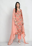 PEACH FLORAL PRINTED MUSLIN SILK KURTA WITH SILK TROUSER AND CHIFFON DUPATTA