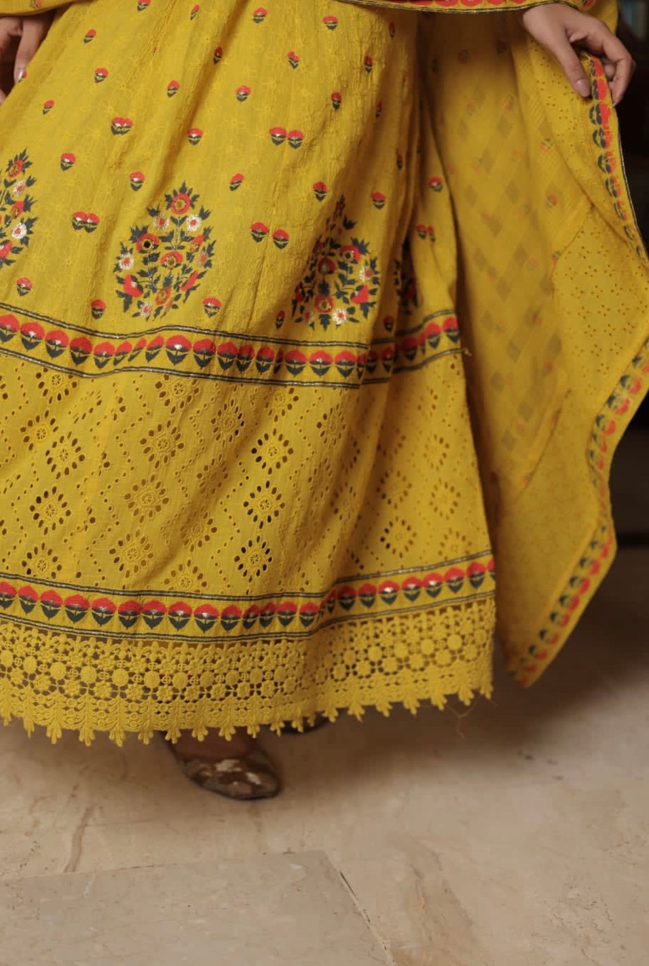 MUSTARD COTTON SCHIFFLI ANARKALI KURTA WITH HAND EMBROIDERY PAIRED WITH TROUSER AND DUPATTA