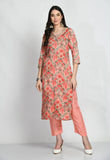 PEACH FLORAL PRINTED MUSLIN SILK KURTA WITH SILK TROUSER AND CHIFFON DUPATTA