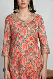 PEACH FLORAL PRINTED MUSLIN SILK KURTA WITH SILK TROUSER AND CHIFFON DUPATTA