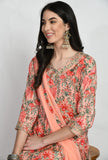 PEACH FLORAL PRINTED MUSLIN SILK KURTA WITH SILK TROUSER AND CHIFFON DUPATTA