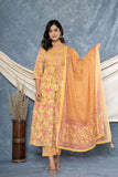 YELLOW COTTON FLORAL PRINTED ANARKALI SUIT