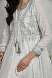 WHITE COTTON EMBROIDERED SELF PRINTED GOWN WITH SHRUG