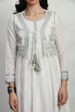 WHITE COTTON EMBROIDERED SELF PRINTED GOWN WITH SHRUG